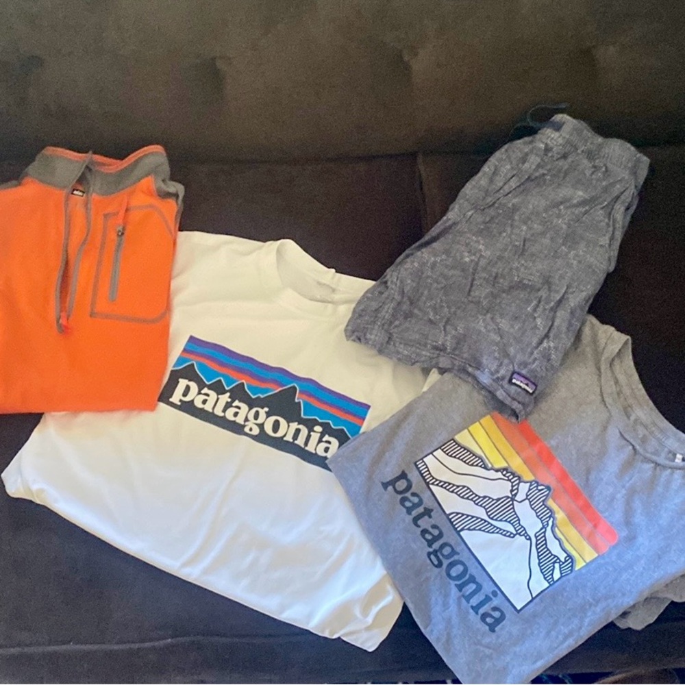 2 Patagonia TShirts & Linen Baggies plus REI quarter zip